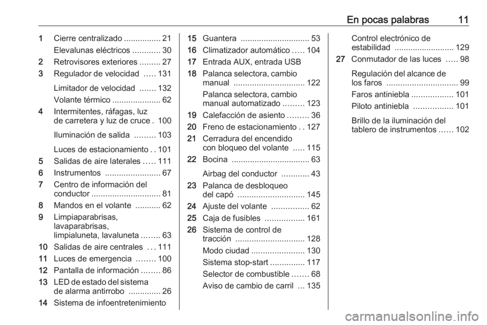 OPEL KARL 2018.5  Manual de Instrucciones (in Spanish) En pocas palabras111Cierre centralizado ................21
Elevalunas eléctricos ............30
2 Retrovisores exteriores .........27
3 Regulador de velocidad  .....131
Limitador de velocidad  ......