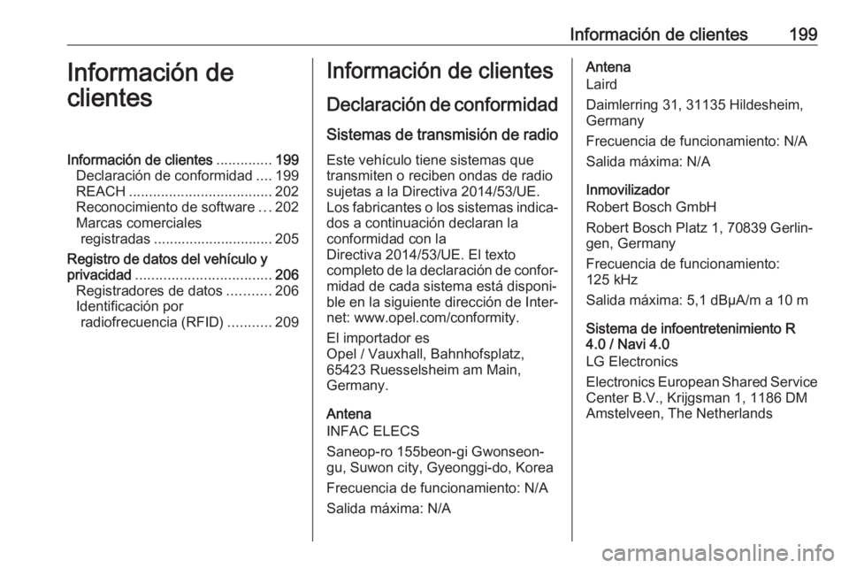 OPEL KARL 2018.5 Manual de Instrucciones (in Spanish) Información de clientes199Información de
clientesInformación de clientes ..............199
Declaración de conformidad ....199
REACH .................................... 202
Reconocimiento de softw OPEL KARL 2018.5 Manual de Instrucciones (in Spanish) Información de clientes199Información de
clientesInformación de clientes ..............199
Declaración de conformidad ....199
REACH .................................... 202
Reconocimiento de softw