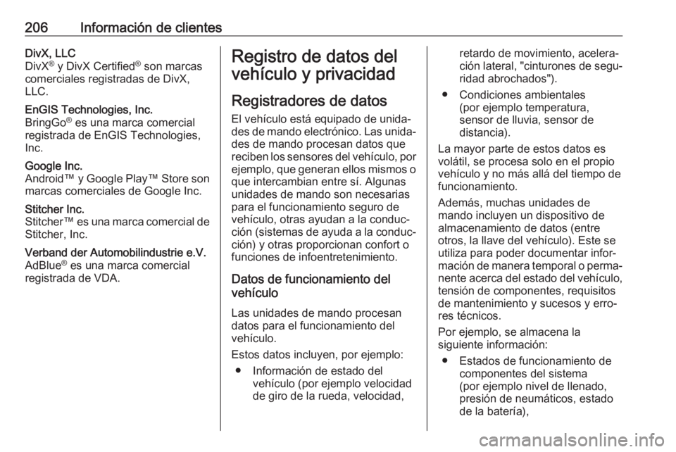 OPEL KARL 2018.5 Manual de Instrucciones (in Spanish) 206Información de clientesDivX, LLC
DivX ®
y DivX Certified ®
son marcas
comerciales registradas de DivX,
LLC.EnGIS Technologies, Inc.
BringGo ®
es una marca comercial
registrada de EnGIS Techn OPEL KARL 2018.5 Manual de Instrucciones (in Spanish) 206Información de clientesDivX, LLC
DivX ®
y DivX Certified ®
son marcas
comerciales registradas de DivX,
LLC.EnGIS Technologies, Inc.
BringGo ®
es una marca comercial
registrada de EnGIS Techn