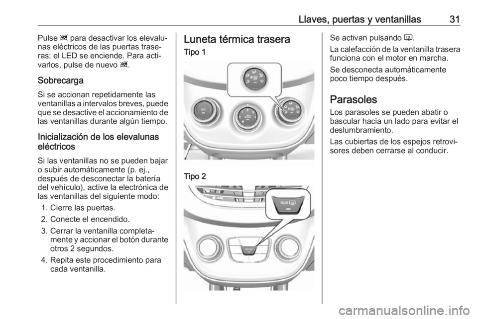 OPEL KARL 2018.5  Manual de Instrucciones (in Spanish) Llaves, puertas y ventanillas31Pulse z para desactivar los elevalu‐
nas eléctricos de las puertas trase‐
ras; el LED se enciende. Para acti‐
varlos, pulse de nuevo  z.
Sobrecarga Si se accionan