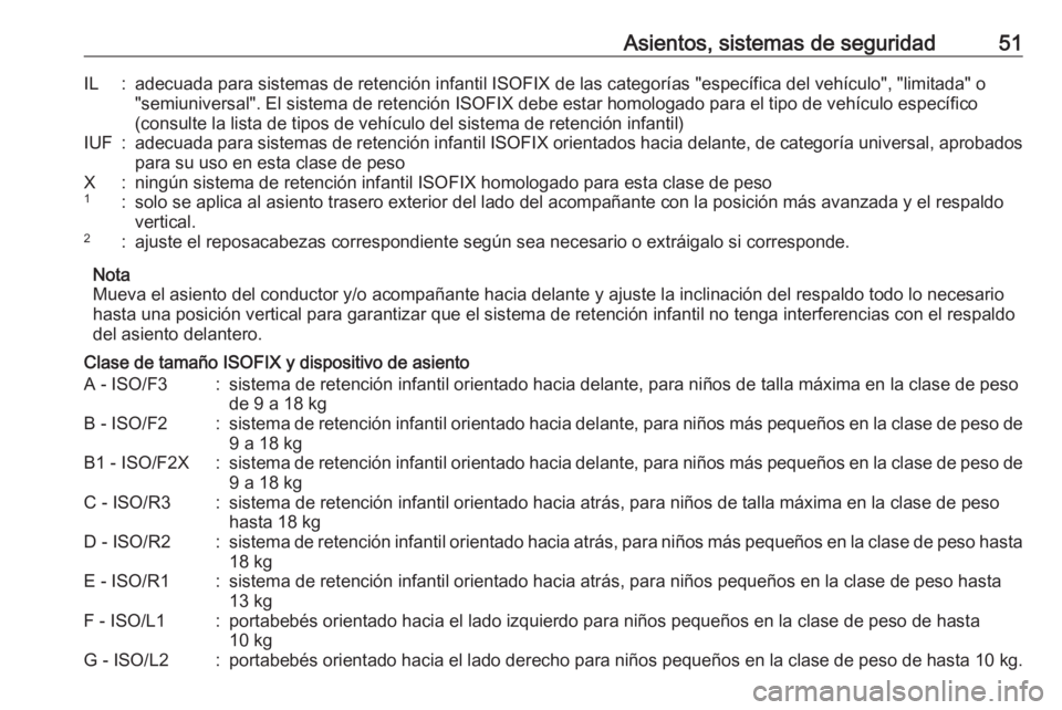 OPEL KARL 2018.5  Manual de Instrucciones (in Spanish) Asientos, sistemas de seguridad51IL:adecuada para sistemas de retención infantil ISOFIX de las categorías "específica del vehículo", "limitada" o"semiuniversal". El sistema