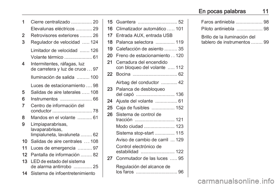 OPEL KARL 2019  Manual de Instrucciones (in Spanish) En pocas palabras111Cierre centralizado ................20
Elevalunas eléctricos ............29
2 Retrovisores exteriores .........26
3 Regulador de velocidad  .....124
Limitador de velocidad  ......