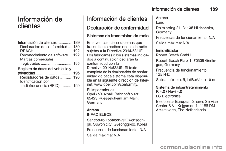 OPEL KARL 2019 Manual de Instrucciones (in Spanish) Información de clientes189Información de
clientesInformación de clientes ..............189
Declaración de conformidad ....189
REACH .................................... 192
Reconocimiento de softw OPEL KARL 2019 Manual de Instrucciones (in Spanish) Información de clientes189Información de
clientesInformación de clientes ..............189
Declaración de conformidad ....189
REACH .................................... 192
Reconocimiento de softw