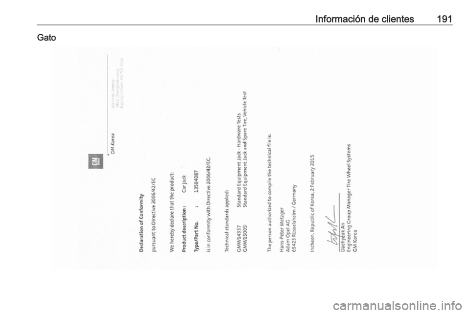 OPEL KARL 2019 Manual de Instrucciones (in Spanish) Información de clientes191Gato OPEL KARL 2019 Manual de Instrucciones (in Spanish) Información de clientes191Gato
