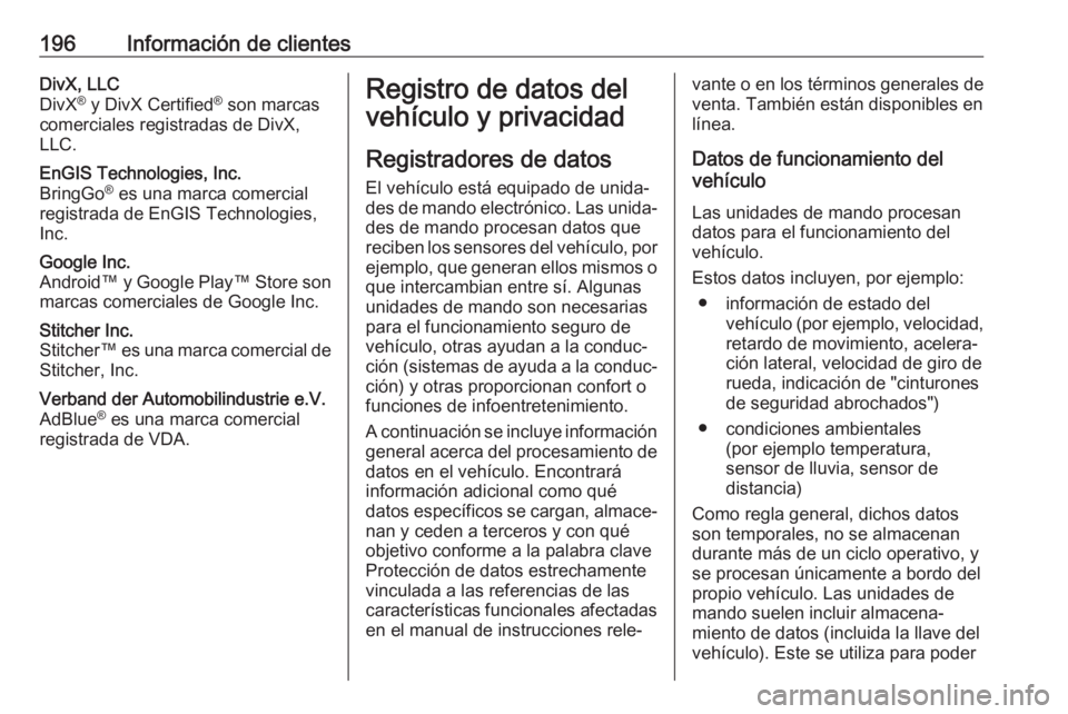 OPEL KARL 2019 Manual de Instrucciones (in Spanish) 196Información de clientesDivX, LLC
DivX ®
y DivX Certified ®
son marcas
comerciales registradas de DivX,
LLC.EnGIS Technologies, Inc.
BringGo ®
es una marca comercial
registrada de EnGIS Techn OPEL KARL 2019 Manual de Instrucciones (in Spanish) 196Información de clientesDivX, LLC
DivX ®
y DivX Certified ®
son marcas
comerciales registradas de DivX,
LLC.EnGIS Technologies, Inc.
BringGo ®
es una marca comercial
registrada de EnGIS Techn