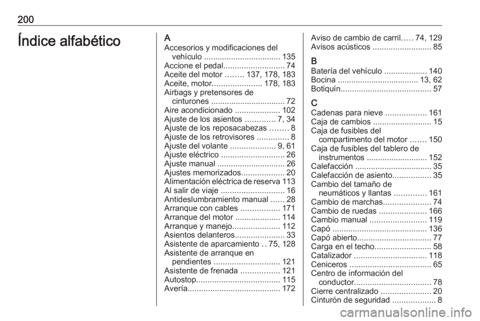 OPEL KARL 2019  Manual de Instrucciones (in Spanish) 200Índice alfabéticoAAccesorios y modificaciones del vehículo  .................................. 135
Accione el pedal ........................... 74
Aceite del motor  ........137, 178, 183
Aceite,