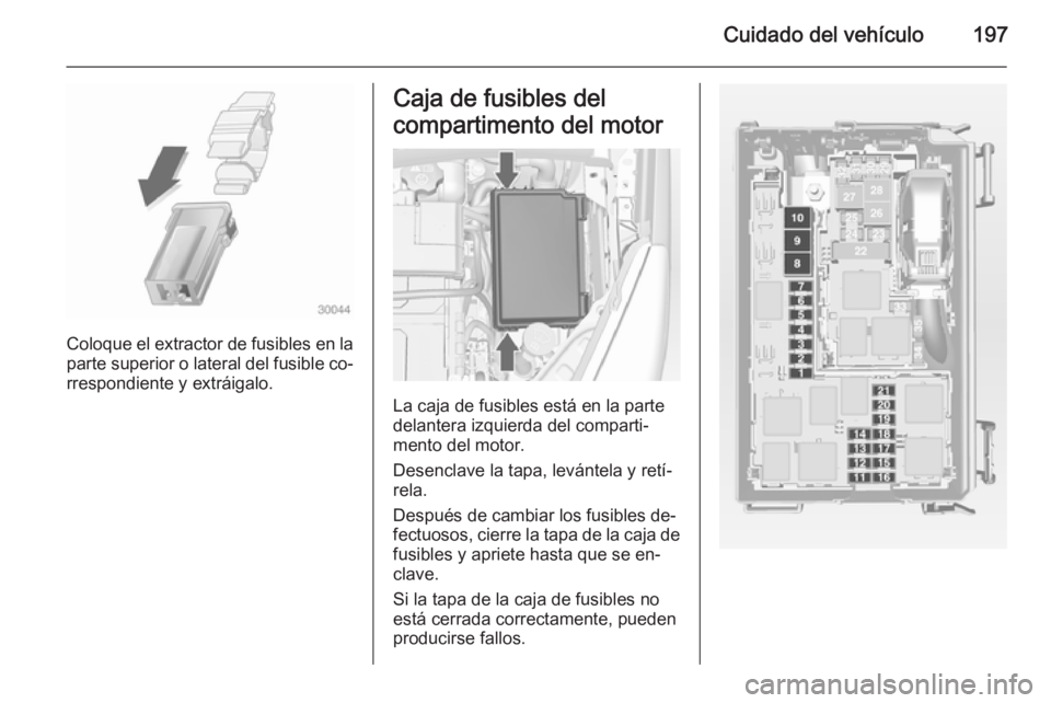 OPEL MERIVA 2014.5  Manual de Instrucciones (in Spanish) Cuidado del vehículo197
Coloque el extractor de fusibles en la
parte superior o lateral del fusible co‐
rrespondiente y extráigalo.
Caja de fusibles del
compartimento del motor
La caja de fusibles