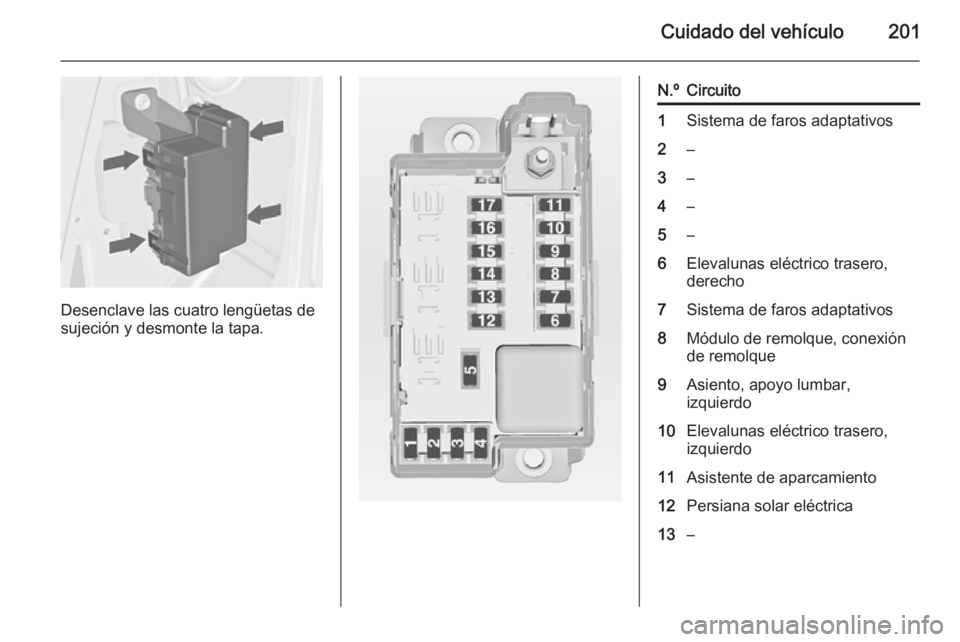 OPEL MERIVA 2014.5 Manual de Instrucciones (in Spanish) Cuidado del vehículo201
Desenclave las cuatro lengüetas de
sujeción y desmonte la tapa.
N.ºCircuito1Sistema de faros adaptativos2–3–4–5–6Elevalunas eléctrico trasero,
derecho7Sistema de f OPEL MERIVA 2014.5 Manual de Instrucciones (in Spanish) Cuidado del vehículo201
Desenclave las cuatro lengüetas de
sujeción y desmonte la tapa.
N.ºCircuito1Sistema de faros adaptativos2–3–4–5–6Elevalunas eléctrico trasero,
derecho7Sistema de f