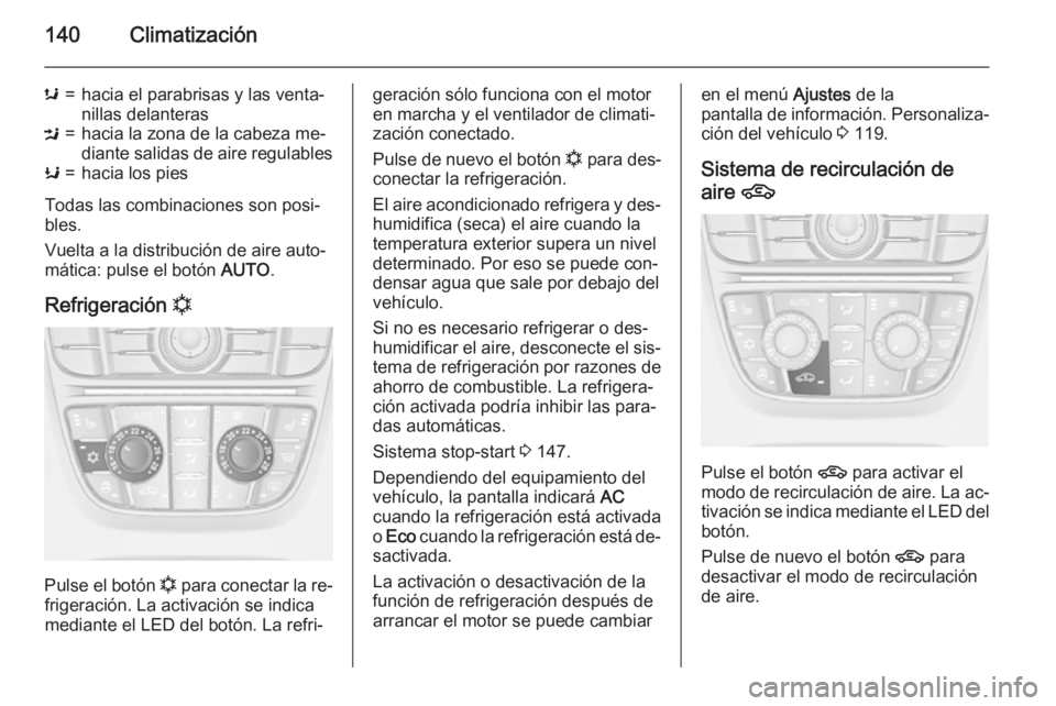 OPEL MERIVA 2015 Manual de Instrucciones (in Spanish) 140Climatización
s=hacia el parabrisas y las venta‐
nillas delanterasM=hacia la zona de la cabeza me‐
diante salidas de aire regulablesK=hacia los pies
Todas las combinaciones son posi‐
bles.
V OPEL MERIVA 2015 Manual de Instrucciones (in Spanish) 140Climatización
s=hacia el parabrisas y las venta‐
nillas delanterasM=hacia la zona de la cabeza me‐
diante salidas de aire regulablesK=hacia los pies
Todas las combinaciones son posi‐
bles.
V