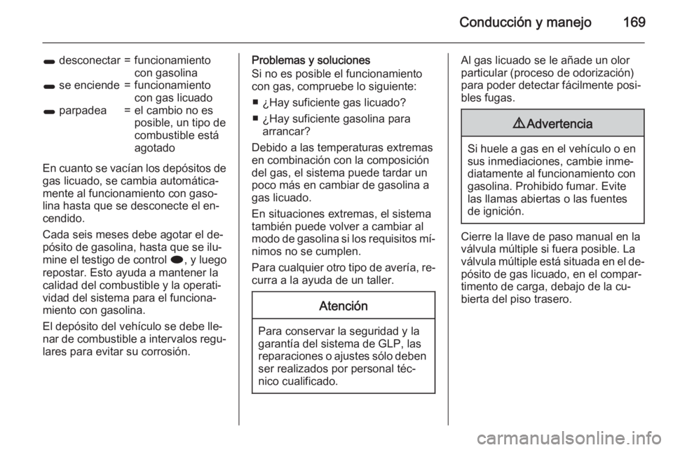 OPEL MERIVA 2015 Manual de Instrucciones (in Spanish) Conducción y manejo169
1 desconectar=funcionamiento
con gasolina1 se enciende=funcionamiento
con gas licuado1 parpadea=el cambio no es
posible, un tipo de
combustible está
agotado
En cuanto se vac OPEL MERIVA 2015 Manual de Instrucciones (in Spanish) Conducción y manejo169
1 desconectar=funcionamiento
con gasolina1 se enciende=funcionamiento
con gas licuado1 parpadea=el cambio no es
posible, un tipo de
combustible está
agotado
En cuanto se vac
