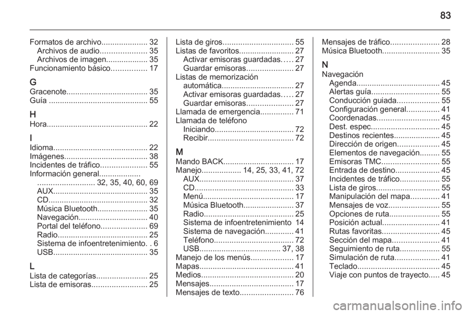 OPEL MERIVA 2015.5 Manual de infoentretenimiento (in Spanish) 83
Formatos de archivo.....................32
Archivos de audio .....................35
Archivos de imagen................... 35
Funcionamiento básico ................17
G Gracenote ................. OPEL MERIVA 2015.5 Manual de infoentretenimiento (in Spanish) 83
Formatos de archivo.....................32
Archivos de audio .....................35
Archivos de imagen................... 35
Funcionamiento básico ................17
G Gracenote .................