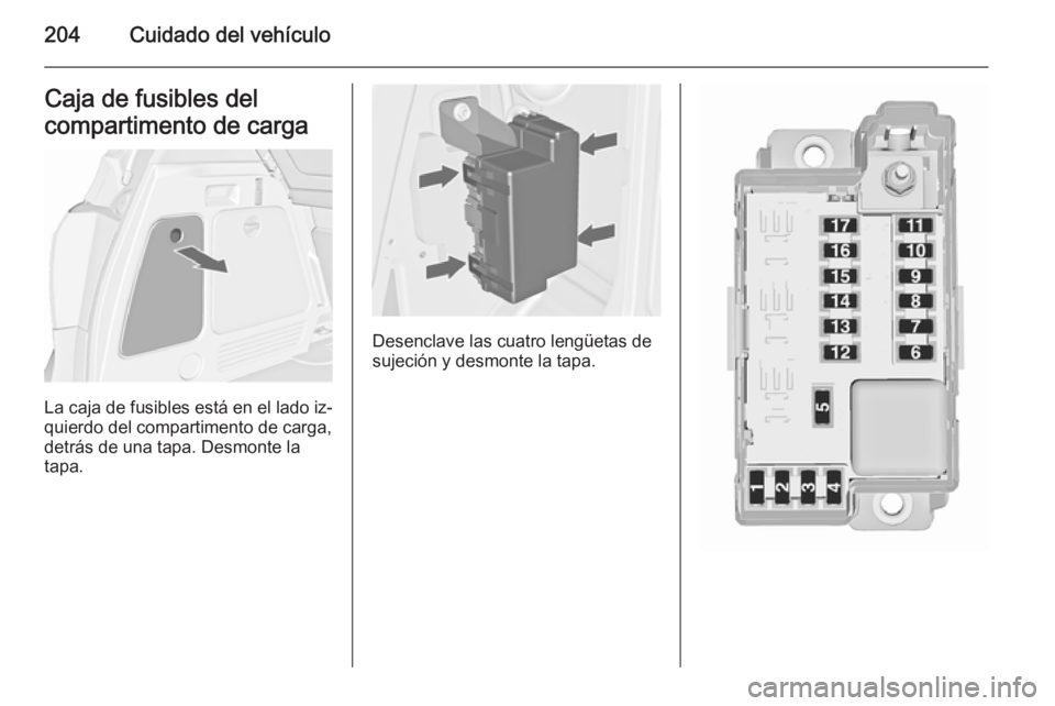 OPEL MERIVA 2015.5  Manual de Instrucciones (in Spanish) 204Cuidado del vehículoCaja de fusibles del
compartimento de carga
La caja de fusibles está en el lado iz‐
quierdo del compartimento de carga,
detrás de una tapa. Desmonte la
tapa.
Desenclave las
