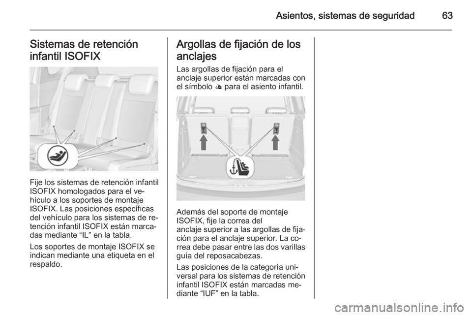 OPEL MERIVA 2015.5  Manual de Instrucciones (in Spanish) Asientos, sistemas de seguridad63Sistemas de retención
infantil ISOFIX
Fije los sistemas de retención infantil
ISOFIX homologados para el ve‐
hículo a los soportes de montaje
ISOFIX. Las posicion