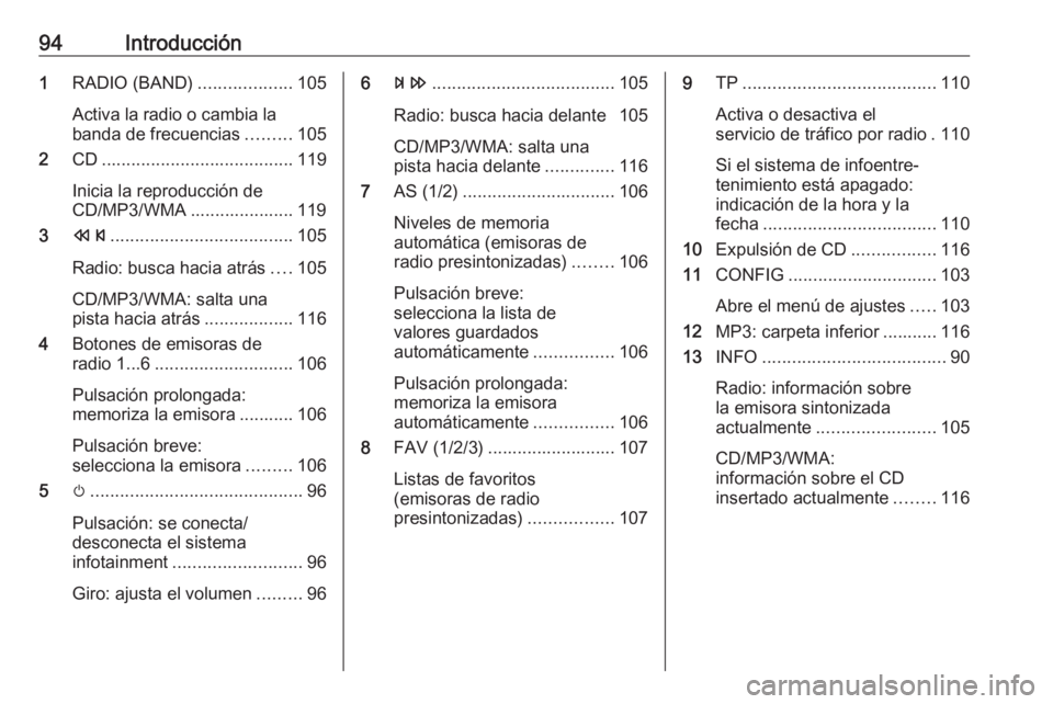 OPEL MERIVA 2016  Manual de infoentretenimiento (in Spanish) 94Introducción1RADIO (BAND) ...................105
Activa la radio o cambia la
banda de frecuencias .........105
2 CD....................................... 119
Inicia la reproducción de
CD/MP3/WMA 