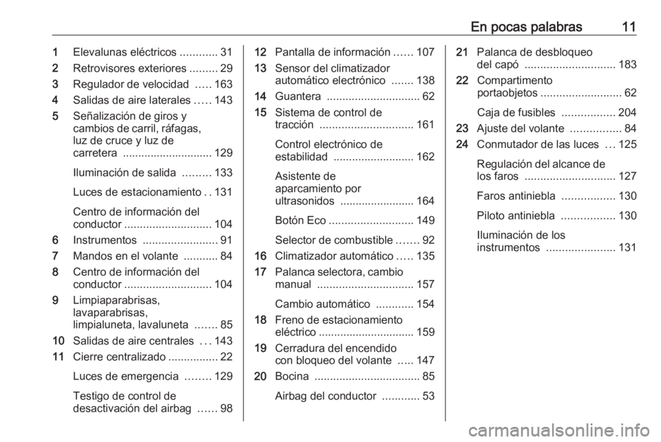 OPEL MERIVA 2016 Manual de Instrucciones (in Spanish) En pocas palabras111Elevalunas eléctricos ............31
2 Retrovisores exteriores .........29
3 Regulador de velocidad .....163
4 Salidas de aire laterales .....143
5 Señalización de giros y
camb OPEL MERIVA 2016 Manual de Instrucciones (in Spanish) En pocas palabras111Elevalunas eléctricos ............31
2 Retrovisores exteriores .........29
3 Regulador de velocidad .....163
4 Salidas de aire laterales .....143
5 Señalización de giros y
camb