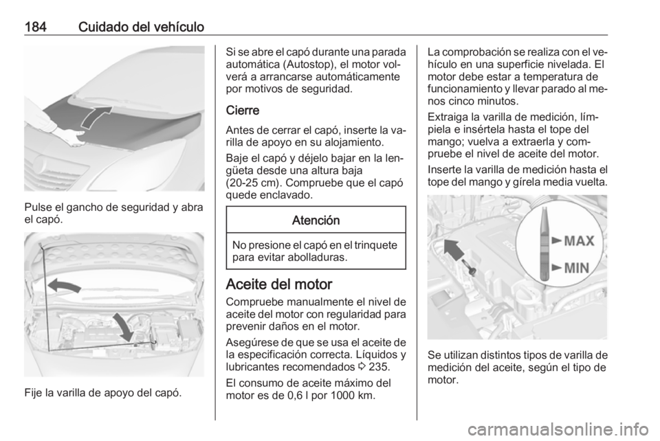 OPEL MERIVA 2016 Manual de Instrucciones (in Spanish) 184Cuidado del vehículo
Pulse el gancho de seguridad y abra
el capó.
Fije la varilla de apoyo del capó.
Si se abre el capó durante una parada
automática (Autostop), el motor vol‐
verá a arranc OPEL MERIVA 2016 Manual de Instrucciones (in Spanish) 184Cuidado del vehículo
Pulse el gancho de seguridad y abra
el capó.
Fije la varilla de apoyo del capó.
Si se abre el capó durante una parada
automática (Autostop), el motor vol‐
verá a arranc