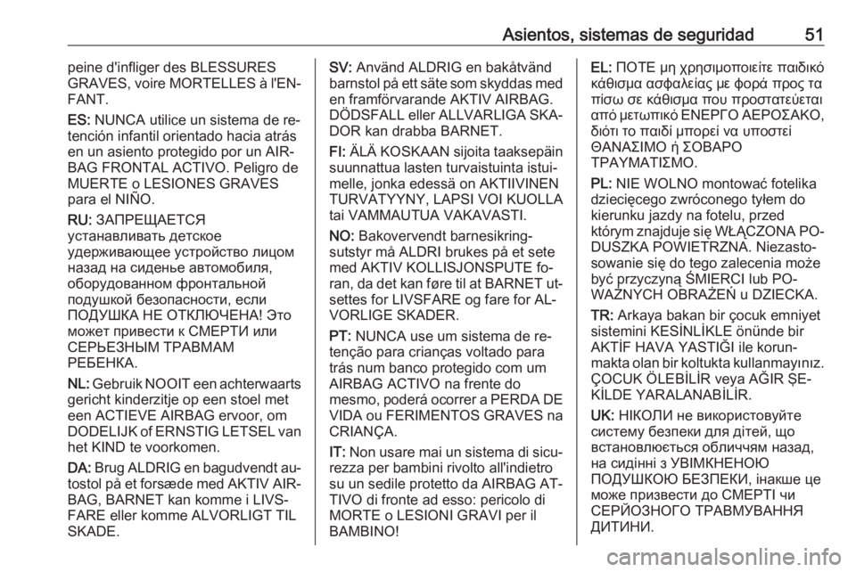 OPEL MERIVA 2016 Manual de Instrucciones (in Spanish) Asientos, sistemas de seguridad51peine d'infliger des BLESSURES
GRAVES, voire MORTELLES à l'EN‐
FANT.
ES: NUNCA utilice un sistema de re‐
tención infantil orientado hacia atrás
en un a OPEL MERIVA 2016 Manual de Instrucciones (in Spanish) Asientos, sistemas de seguridad51peine d'infliger des BLESSURES
GRAVES, voire MORTELLES à l'EN‐
FANT.
ES: NUNCA utilice un sistema de re‐
tención infantil orientado hacia atrás
en un a