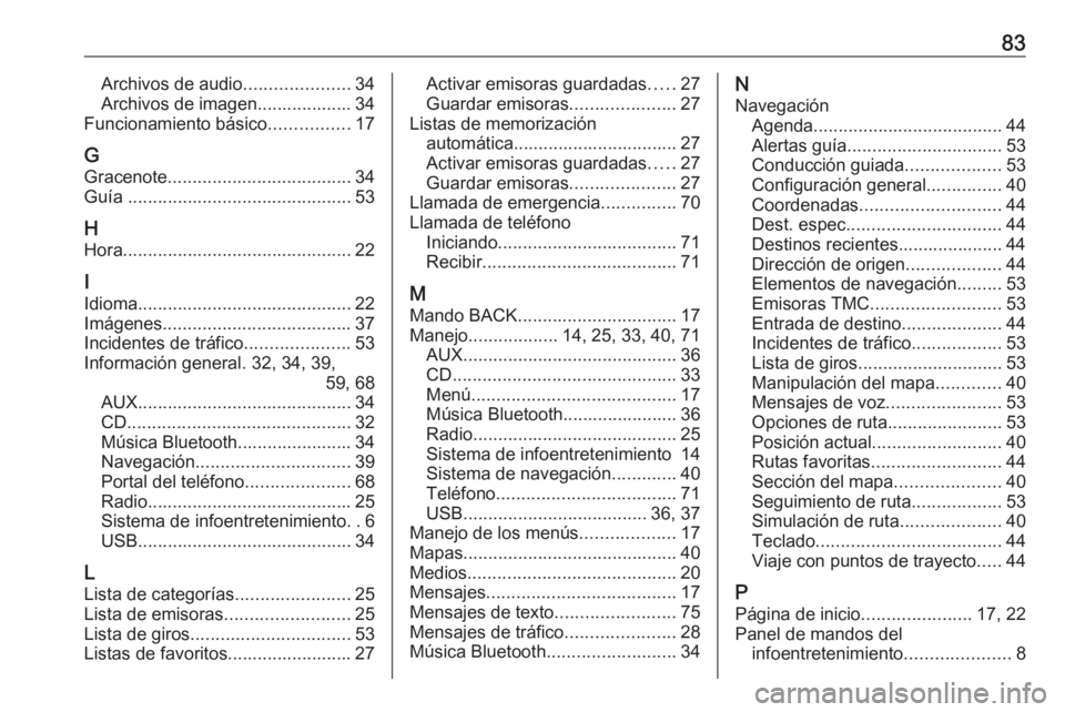 OPEL MERIVA 2016.5 Manual de infoentretenimiento (in Spanish) 83Archivos de audio.....................34
Archivos de imagen................... 34
Funcionamiento básico ................17
G Gracenote ..................................... 34
Guía .............. OPEL MERIVA 2016.5 Manual de infoentretenimiento (in Spanish) 83Archivos de audio.....................34
Archivos de imagen................... 34
Funcionamiento básico ................17
G Gracenote ..................................... 34
Guía ..............