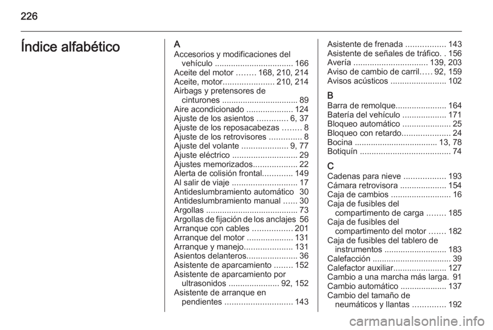 OPEL MOKKA 2014  Manual de Instrucciones (in Spanish) 226Índice alfabéticoAAccesorios y modificaciones del vehículo  .................................. 166
Aceite del motor  ........168, 210, 214
Aceite, motor ...................... 210, 214
Airbags y