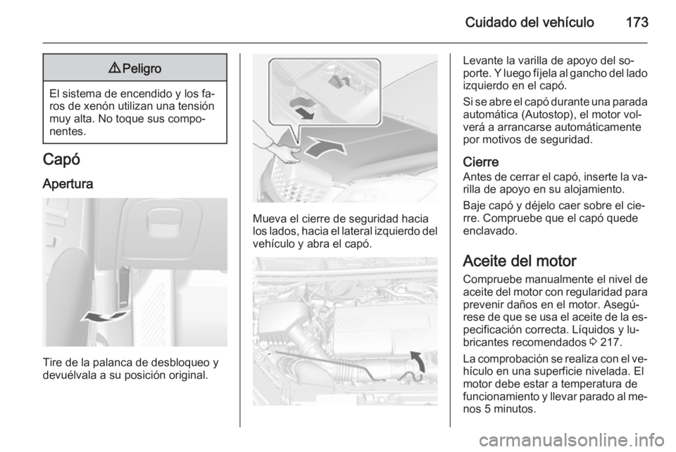 OPEL MOKKA 2015 Manual de Instrucciones (in Spanish) Cuidado del vehículo1739Peligro
El sistema de encendido y los fa‐
ros de xenón utilizan una tensión
muy alta. No toque sus compo‐
nentes.
Capó
Apertura
Tire de la palanca de desbloqueo y
devu OPEL MOKKA 2015 Manual de Instrucciones (in Spanish) Cuidado del vehículo1739Peligro
El sistema de encendido y los fa‐
ros de xenón utilizan una tensión
muy alta. No toque sus compo‐
nentes.
Capó
Apertura
Tire de la palanca de desbloqueo y
devu