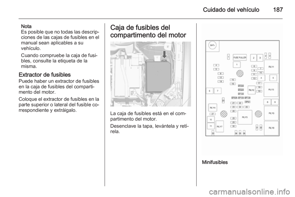 OPEL MOKKA 2015 Manual de Instrucciones (in Spanish) Cuidado del vehículo187
Nota
Es posible que no todas las descrip‐
ciones de las cajas de fusibles en el
manual sean aplicables a su
vehículo.
Cuando compruebe la caja de fusi‐ bles, consulte la OPEL MOKKA 2015 Manual de Instrucciones (in Spanish) Cuidado del vehículo187
Nota
Es posible que no todas las descrip‐
ciones de las cajas de fusibles en el
manual sean aplicables a su
vehículo.
Cuando compruebe la caja de fusi‐ bles, consulte la