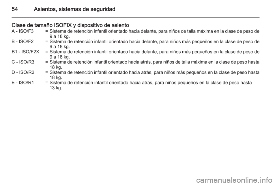 OPEL MOKKA 2015 Manual de Instrucciones (in Spanish) 54Asientos, sistemas de seguridad
Clase de tamaño ISOFIX y dispositivo de asientoA - ISO/F3=Sistema de retención infantil orientado hacia delante, para niños de talla máxima en la clase de peso de OPEL MOKKA 2015 Manual de Instrucciones (in Spanish) 54Asientos, sistemas de seguridad
Clase de tamaño ISOFIX y dispositivo de asientoA - ISO/F3=Sistema de retención infantil orientado hacia delante, para niños de talla máxima en la clase de peso de