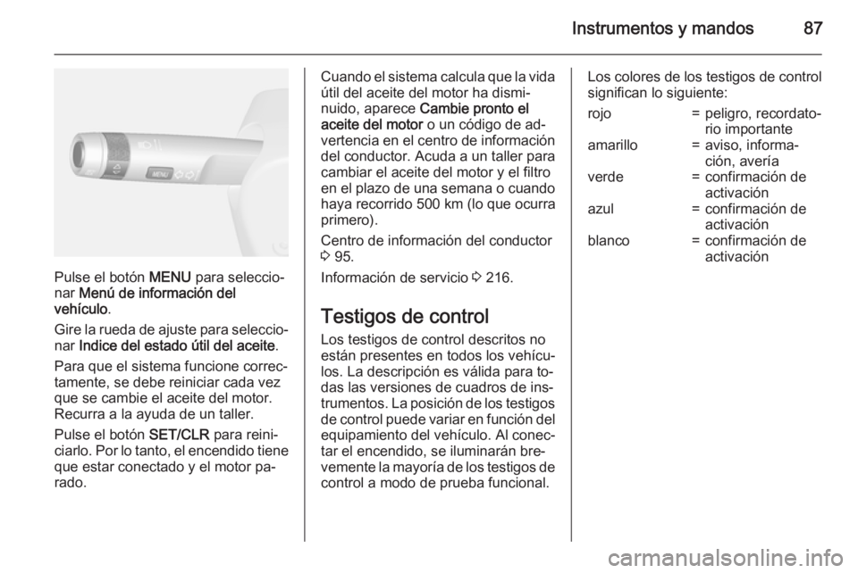 OPEL MOKKA 2015  Manual de Instrucciones (in Spanish) Instrumentos y mandos87
Pulse el botón MENU para seleccio‐
nar  Menú de información del
vehículo .
Gire la rueda de ajuste para seleccio‐
nar  Indice del estado útil del aceite .
Para que el 