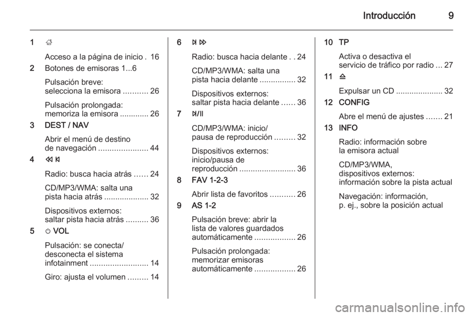 OPEL MOKKA 2015.5  Manual de infoentretenimiento (in Spanish) Introducción9
1;
Acceso a la página de inicio . 16
2 Botones de emisoras 1...6
Pulsación breve:
selecciona la emisora ...........26
Pulsación prolongada:
memoriza la emisora ............. 26
3 DES