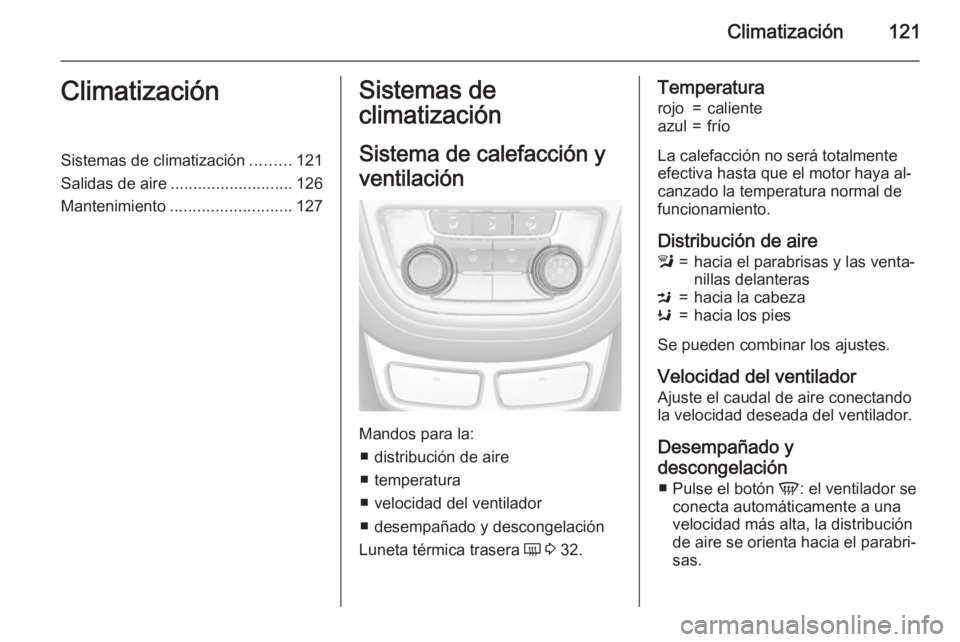 OPEL MOKKA 2015.5 Manual de Instrucciones (in Spanish) Climatización121ClimatizaciónSistemas de climatización.........121
Salidas de aire ........................... 126
Mantenimiento ........................... 127Sistemas de
climatización
Sistema de OPEL MOKKA 2015.5 Manual de Instrucciones (in Spanish) Climatización121ClimatizaciónSistemas de climatización.........121
Salidas de aire ........................... 126
Mantenimiento ........................... 127Sistemas de
climatización
Sistema de