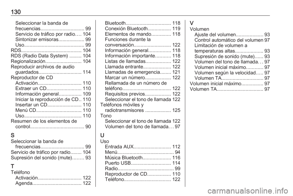 OPEL MOKKA 2016 Manual de infoentretenimiento (in Spanish) 130Seleccionar la banda de
frecuencias ................................ 99
Servicio de tráfico por radio ....104
Sintonizar emisoras................... 99
Uso ........................................ OPEL MOKKA 2016 Manual de infoentretenimiento (in Spanish) 130Seleccionar la banda de
frecuencias ................................ 99
Servicio de tráfico por radio ....104
Sintonizar emisoras................... 99
Uso ........................................