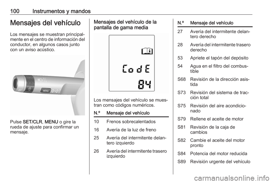 OPEL MOKKA 2016 Manual de Instrucciones (in Spanish) 100Instrumentos y mandosMensajes del vehículoLos mensajes se muestran principal‐
mente en el centro de información del
conductor, en algunos casos junto
con un aviso acústico.
Pulse SET/CLR , ME OPEL MOKKA 2016 Manual de Instrucciones (in Spanish) 100Instrumentos y mandosMensajes del vehículoLos mensajes se muestran principal‐
mente en el centro de información del
conductor, en algunos casos junto
con un aviso acústico.
Pulse SET/CLR , ME