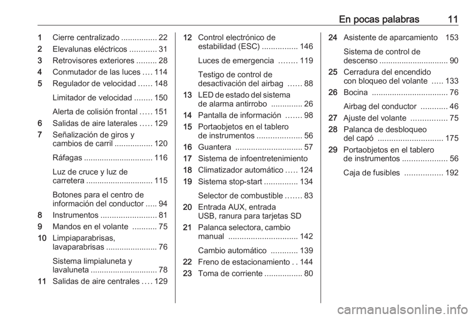 OPEL MOKKA 2016  Manual de Instrucciones (in Spanish) En pocas palabras111Cierre centralizado ................22
2 Elevalunas eléctricos ............31
3 Retrovisores exteriores .........28
4 Conmutador de las luces ....114
5 Regulador de velocidad ....