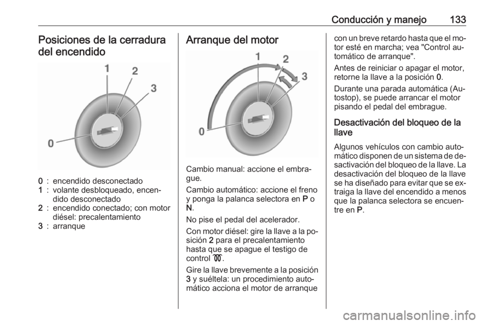 OPEL MOKKA 2016 Manual de Instrucciones (in Spanish) Conducción y manejo133Posiciones de la cerraduradel encendido0:encendido desconectado1:volante desbloqueado, encen‐
dido desconectado2:encendido conectado; con motor
diésel: precalentamiento3:arra OPEL MOKKA 2016 Manual de Instrucciones (in Spanish) Conducción y manejo133Posiciones de la cerraduradel encendido0:encendido desconectado1:volante desbloqueado, encen‐
dido desconectado2:encendido conectado; con motor
diésel: precalentamiento3:arra