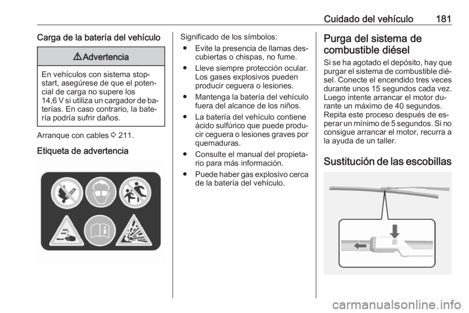 OPEL MOKKA 2016 Manual de Instrucciones (in Spanish) Cuidado del vehículo181Carga de la batería del vehículo9Advertencia
En vehículos con sistema stop-
start, asegúrese de que el poten‐
cial de carga no supere los
14,6 V si utiliza un cargador de OPEL MOKKA 2016 Manual de Instrucciones (in Spanish) Cuidado del vehículo181Carga de la batería del vehículo9Advertencia
En vehículos con sistema stop-
start, asegúrese de que el poten‐
cial de carga no supere los
14,6 V si utiliza un cargador de