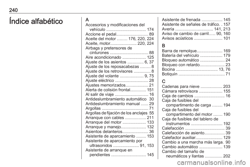 OPEL MOKKA 2016 Manual de Instrucciones (in Spanish) 240Índice alfabéticoAAccesorios y modificaciones del vehículo .................................. 174
Accione el pedal ........................... 89
Aceite del motor ........176, 220, 224
Aceite, OPEL MOKKA 2016 Manual de Instrucciones (in Spanish) 240Índice alfabéticoAAccesorios y modificaciones del vehículo .................................. 174
Accione el pedal ........................... 89
Aceite del motor ........176, 220, 224
Aceite,