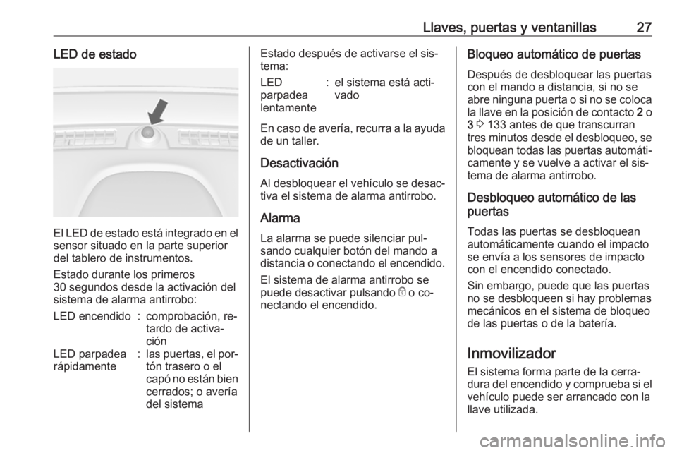 OPEL MOKKA 2016  Manual de Instrucciones (in Spanish) Llaves, puertas y ventanillas27LED de estado
El LED de estado está integrado en elsensor situado en la parte superior
del tablero de instrumentos.
Estado durante los primeros
30 segundos desde la act