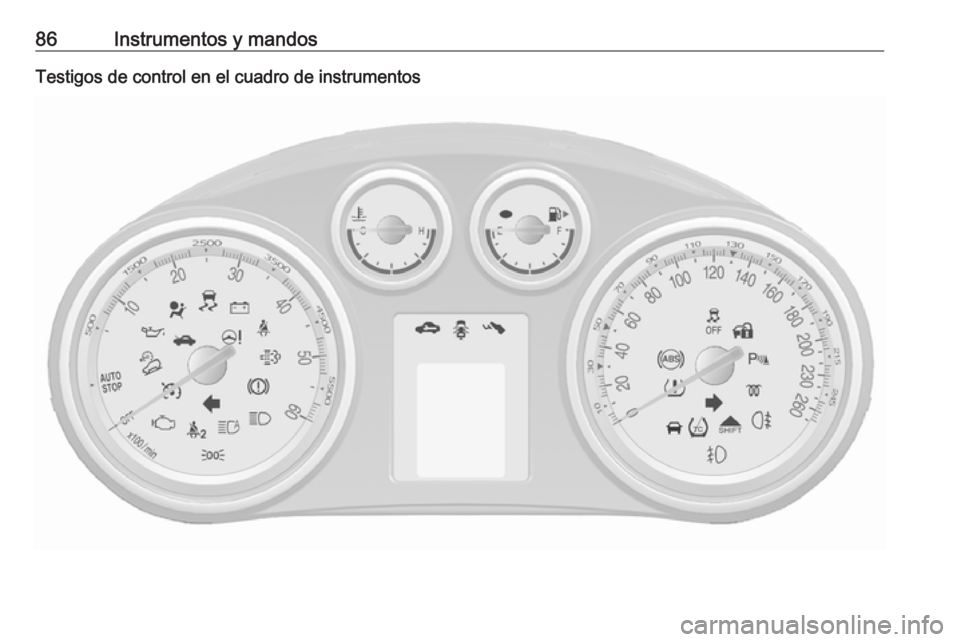 OPEL MOKKA 2016 Manual de Instrucciones (in Spanish) 86Instrumentos y mandosTestigos de control en el cuadro de instrumentos OPEL MOKKA 2016 Manual de Instrucciones (in Spanish) 86Instrumentos y mandosTestigos de control en el cuadro de instrumentos