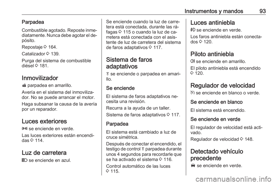 OPEL MOKKA 2016 Manual de Instrucciones (in Spanish) Instrumentos y mandos93ParpadeaCombustible agotado. Reposte inme‐
diatamente. Nunca debe agotar el de‐
pósito.
Repostaje 3 164.
Catalizador 3 139.
Purga del sistema de combustible
diésel 3 18 OPEL MOKKA 2016 Manual de Instrucciones (in Spanish) Instrumentos y mandos93ParpadeaCombustible agotado. Reposte inme‐
diatamente. Nunca debe agotar el de‐
pósito.
Repostaje 3 164.
Catalizador 3 139.
Purga del sistema de combustible
diésel 3 18