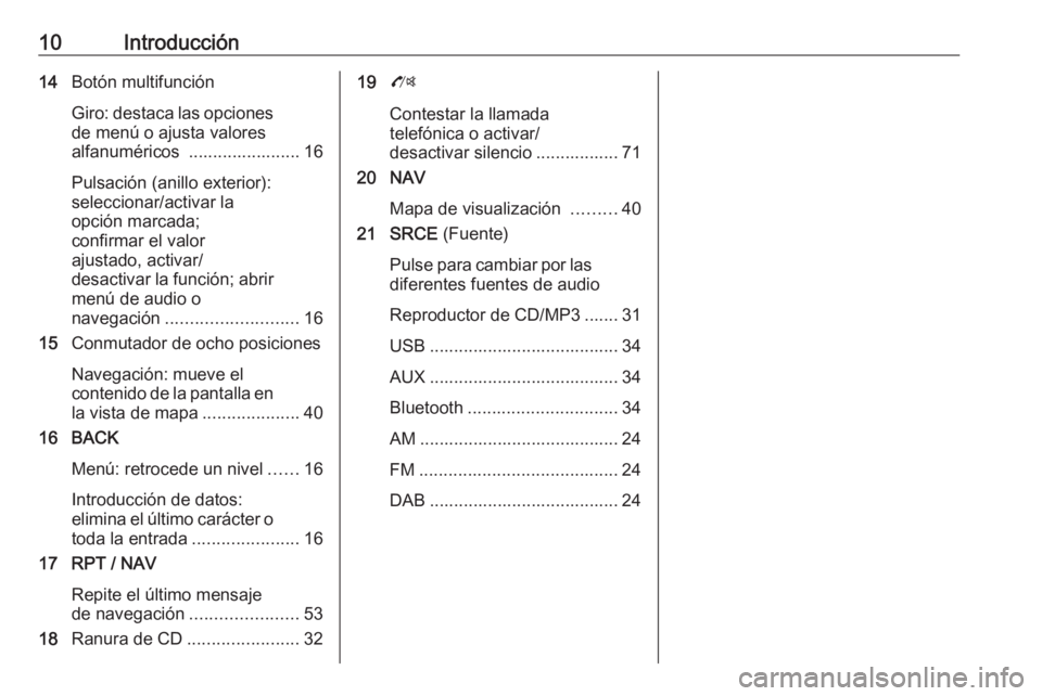OPEL MOKKA 2016.5 Manual de infoentretenimiento (in Spanish) 10Introducción14Botón multifunción
Giro: destaca las opciones de menú o ajusta valores
alfanuméricos ....................... 16
Pulsación (anillo exterior):
seleccionar/activar la
opción marca OPEL MOKKA 2016.5 Manual de infoentretenimiento (in Spanish) 10Introducción14Botón multifunción
Giro: destaca las opciones de menú o ajusta valores
alfanuméricos ....................... 16
Pulsación (anillo exterior):
seleccionar/activar la
opción marca