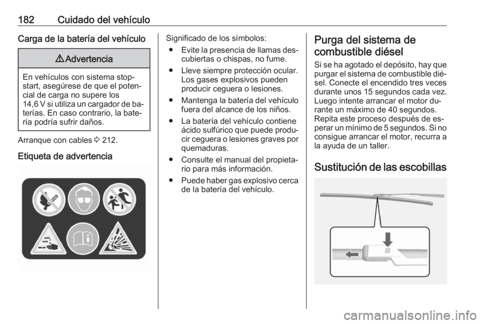 OPEL MOKKA 2016.5 Manual de Instrucciones (in Spanish) 182Cuidado del vehículoCarga de la batería del vehículo9Advertencia
En vehículos con sistema stop-
start, asegúrese de que el poten‐
cial de carga no supere los
14,6 V si utiliza un cargador de OPEL MOKKA 2016.5 Manual de Instrucciones (in Spanish) 182Cuidado del vehículoCarga de la batería del vehículo9Advertencia
En vehículos con sistema stop-
start, asegúrese de que el poten‐
cial de carga no supere los
14,6 V si utiliza un cargador de