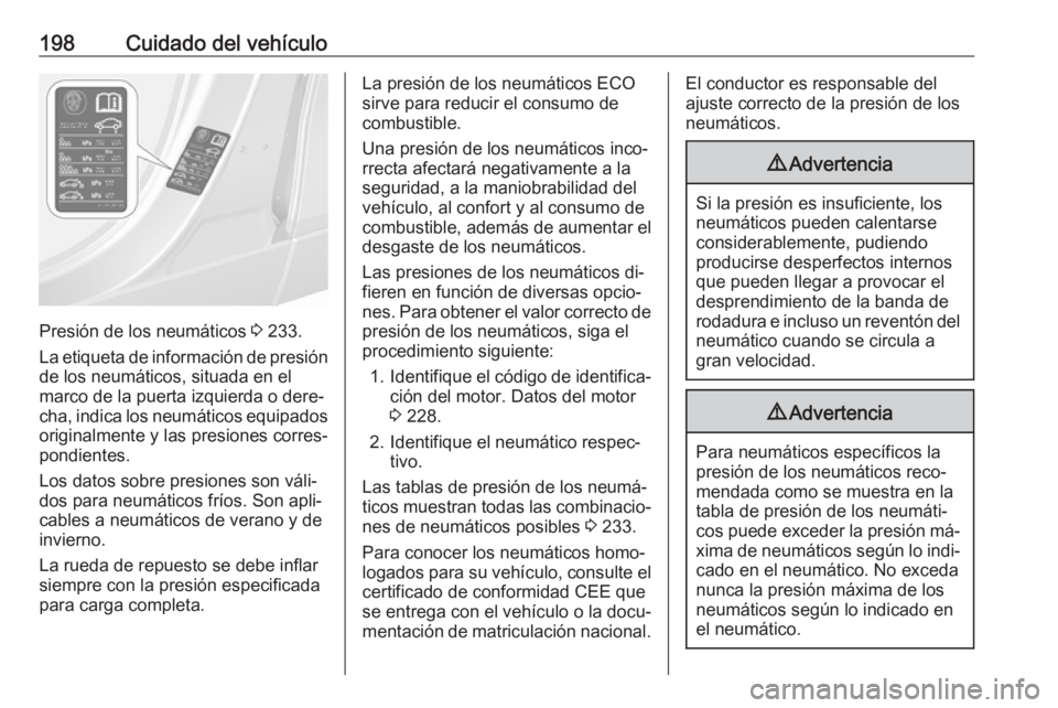 OPEL MOKKA 2016.5 Manual de Instrucciones (in Spanish) 198Cuidado del vehículo
Presión de los neumáticos 3 233.
La etiqueta de información de presión
de los neumáticos, situada en el
marco de la puerta izquierda o dere‐
cha, indica los neumáticos OPEL MOKKA 2016.5 Manual de Instrucciones (in Spanish) 198Cuidado del vehículo
Presión de los neumáticos 3 233.
La etiqueta de información de presión
de los neumáticos, situada en el
marco de la puerta izquierda o dere‐
cha, indica los neumáticos