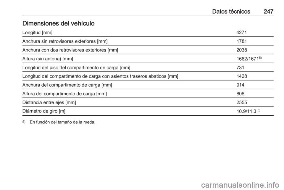 OPEL MOKKA X 2017  Manual de Instrucciones (in Spanish) Datos técnicos247Dimensiones del vehículoLongitud [mm]4271Anchura sin retrovisores exteriores [mm]1781Anchura con dos retrovisores exteriores [mm]2038Altura (sin antena) [mm]1662/16715)Longitud del 