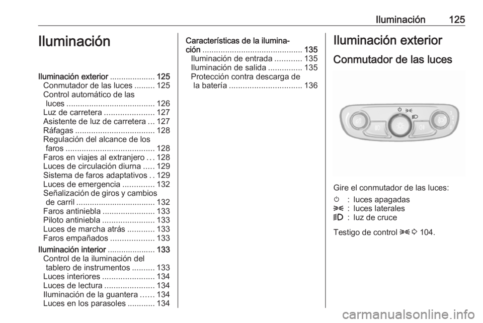 OPEL MOKKA X 2018 Manual de infoentretenimiento (in Spanish) Iluminación125IluminaciónIluminación exterior....................125
Conmutador de las luces .........125
Control automático de las luces ....................................... 126
Luz de carrete OPEL MOKKA X 2018 Manual de infoentretenimiento (in Spanish) Iluminación125IluminaciónIluminación exterior....................125
Conmutador de las luces .........125
Control automático de las luces ....................................... 126
Luz de carrete