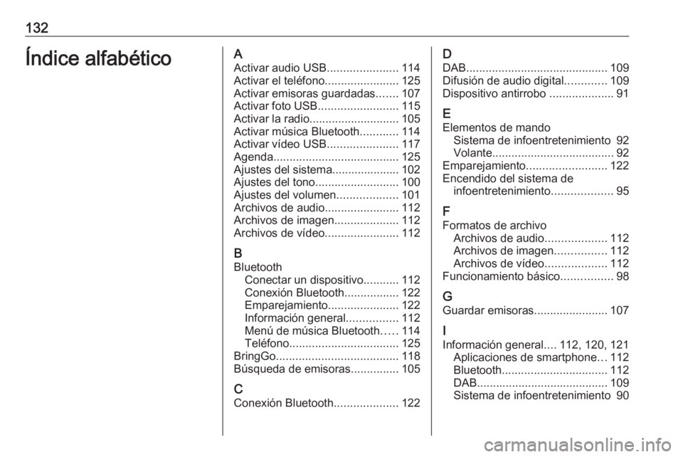 OPEL MOKKA X 2018 Manual de Instrucciones (in Spanish) 132Índice alfabéticoAActivar audio USB ......................114
Activar el teléfono .......................125
Activar emisoras guardadas .......107
Activar foto USB ......................... 115
OPEL MOKKA X 2018 Manual de Instrucciones (in Spanish) 132Índice alfabéticoAActivar audio USB ......................114
Activar el teléfono .......................125
Activar emisoras guardadas .......107
Activar foto USB ......................... 115