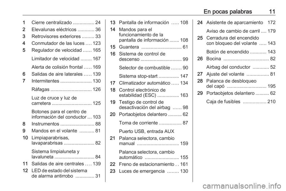 OPEL MOKKA X 2018.5  Manual de infoentretenimiento (in Spanish) En pocas palabras111Cierre centralizado ................24
2 Elevalunas eléctricos ............36
3 Retrovisores exteriores .........33
4 Conmutador de las luces ....123
5 Regulador de velocidad ....