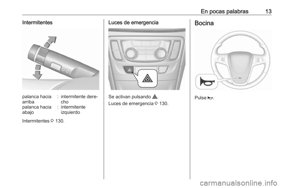 OPEL MOKKA X 2018.5 Manual de infoentretenimiento (in Spanish) En pocas palabras13Intermitentespalanca hacia
arriba:intermitente dere‐
chopalanca hacia
abajo:intermitente
izquierdo
Intermitentes 3 130.
Luces de emergencia
Se activan pulsando ¨.
Luces de emer OPEL MOKKA X 2018.5 Manual de infoentretenimiento (in Spanish) En pocas palabras13Intermitentespalanca hacia
arriba:intermitente dere‐
chopalanca hacia
abajo:intermitente
izquierdo
Intermitentes 3 130.
Luces de emergencia
Se activan pulsando ¨.
Luces de emer