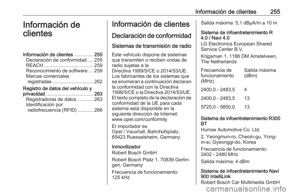 OPEL MOKKA X 2018.5 Manual de infoentretenimiento (in Spanish) Información de clientes255Información de
clientesInformación de clientes ..............255
Declaración de conformidad ....255
REACH .................................... 259
Reconocimiento de softw OPEL MOKKA X 2018.5 Manual de infoentretenimiento (in Spanish) Información de clientes255Información de
clientesInformación de clientes ..............255
Declaración de conformidad ....255
REACH .................................... 259
Reconocimiento de softw