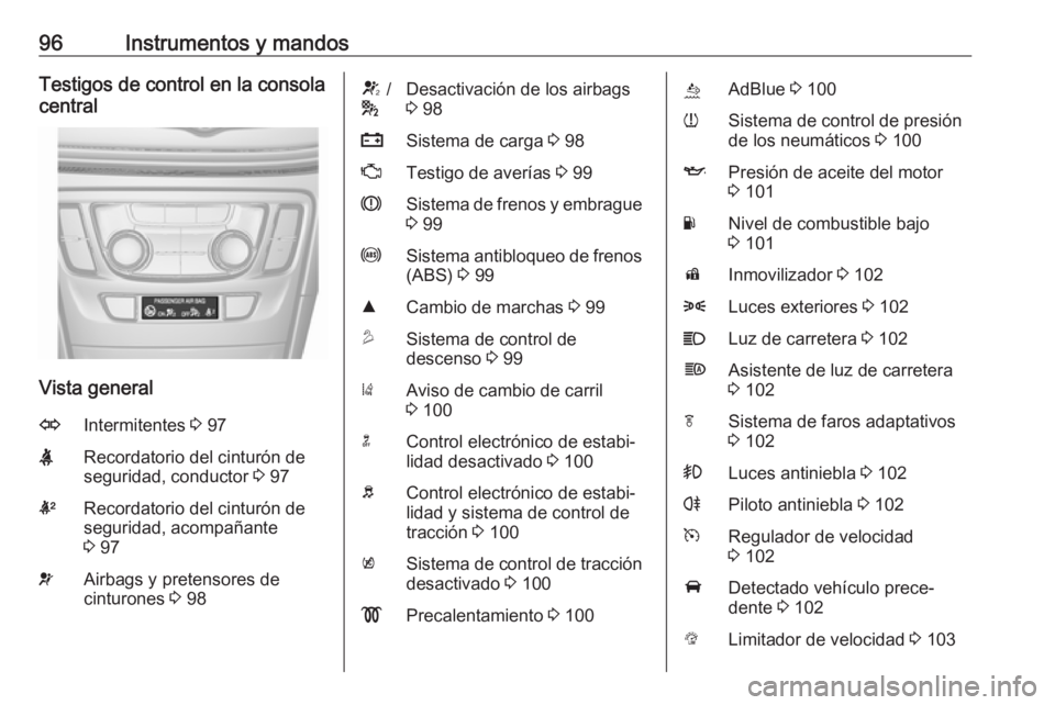 OPEL MOKKA X 2018.5 Manual de infoentretenimiento (in Spanish) 96Instrumentos y mandosTestigos de control en la consola
central
Vista general
OIntermitentes 3 97XRecordatorio del cinturón de
seguridad, conductor 3 97kRecordatorio del cinturón de
seguridad, ac OPEL MOKKA X 2018.5 Manual de infoentretenimiento (in Spanish) 96Instrumentos y mandosTestigos de control en la consola
central
Vista general
OIntermitentes 3 97XRecordatorio del cinturón de
seguridad, conductor 3 97kRecordatorio del cinturón de
seguridad, ac