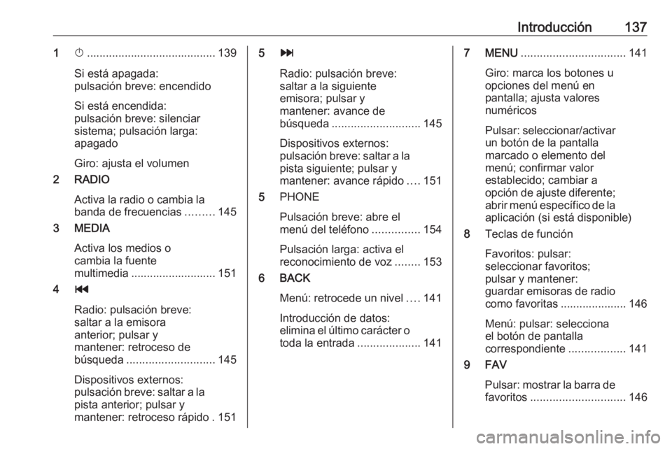 OPEL MOKKA X 2018.5 Manual de Instrucciones (in Spanish) Introducción1371X......................................... 139
Si está apagada:
pulsación breve: encendido
Si está encendida:
pulsación breve: silenciar
sistema; pulsación larga:
apagado
Giro: a OPEL MOKKA X 2018.5 Manual de Instrucciones (in Spanish) Introducción1371X......................................... 139
Si está apagada:
pulsación breve: encendido
Si está encendida:
pulsación breve: silenciar
sistema; pulsación larga:
apagado
Giro: a