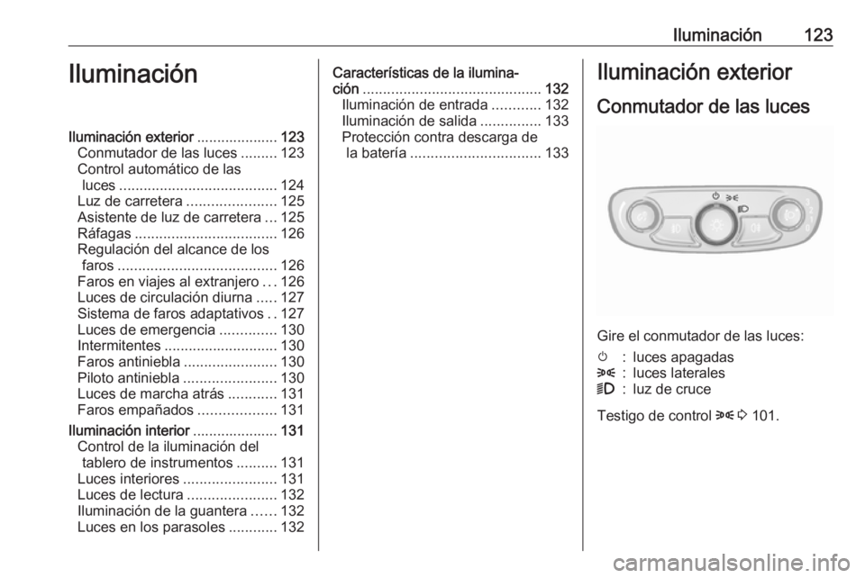 OPEL MOKKA X 2019 Manual de Instrucciones (in Spanish) Iluminación123IluminaciónIluminación exterior....................123
Conmutador de las luces .........123
Control automático de las luces ....................................... 124
Luz de carrete OPEL MOKKA X 2019 Manual de Instrucciones (in Spanish) Iluminación123IluminaciónIluminación exterior....................123
Conmutador de las luces .........123
Control automático de las luces ....................................... 124
Luz de carrete